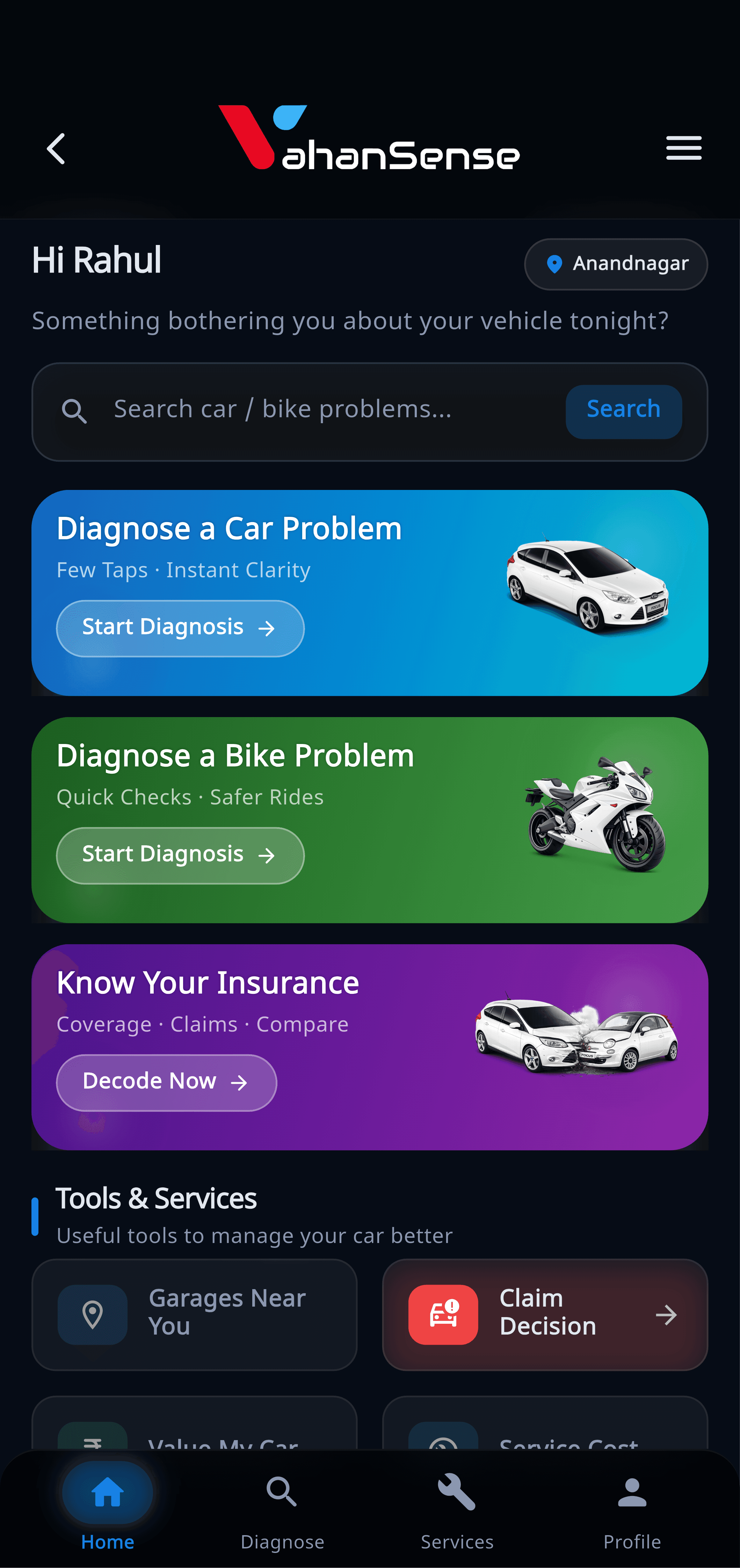 VahanSense Home Screen